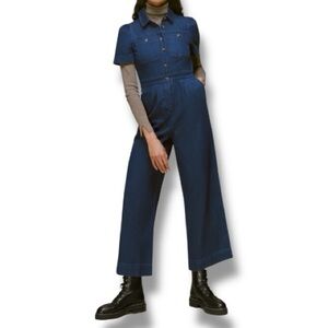 Whistles Emma Denim Wide Leg Jumpsuit Size 14 Dark Wash